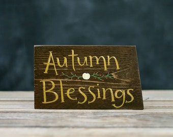 Autumn Blessings Sign with Pumpkin & Bittersweet, Hand Painted Wood Primitive Fall Decor