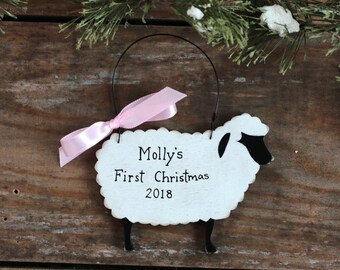 Personalized Baby's First Christmas Ornament, Hand Painted Sheep Ornament, Gift for New Baby