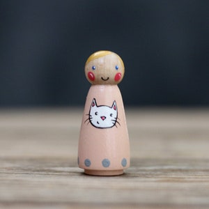 Custom Peg Doll, Girl Peg Doll with Cat, Cat Cake Topper for Girl, Modern Wood Toy