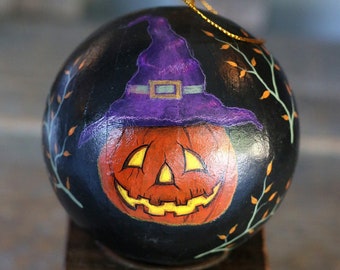 Halloween Folk Art Painting, Jack o'Lantern in Purple Witch Hat Ornament, Hand Painted Original