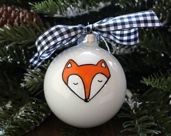 Fox Ornament, Personalized Christmas Ornament, Custom Painted Glass Ornament, Woodland Animal Theme Gift