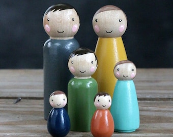 Custom Peg Doll Family of 6, Doll Family Wood Toy Set in Warm Colors, Modern Wood Toy