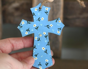 Personalized Cross Ornament, Hand Painted Blue & White Floral, Christian Themed Gift