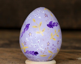 Hand Painted Egg with Purple & Yellow Floral Pattern - Paper Mache Easter Egg Decor