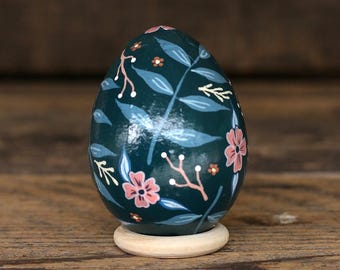 Hand Painted Egg with Teal & Pink Floral Pattern - Paper Mache Easter Egg Decor