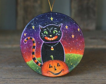 Halloween Folk Art Painting, Black Cat & Jack o'Lantern Ornament, Hand Painted Original