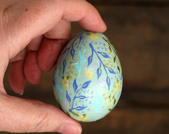Hand Painted Egg with Pastel Floral Pattern - Paper Mache Easter Egg Decor