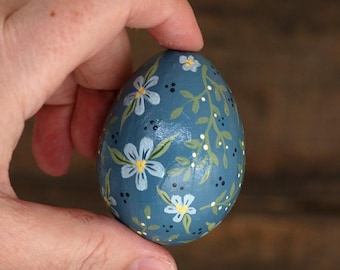 Hand Painted Egg with Soft Green & Blue Florals - Paper Mache Easter Egg Decor