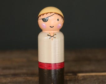 Pirate Peg Doll with Eye Patch, Hand Painted Nautical Figurine