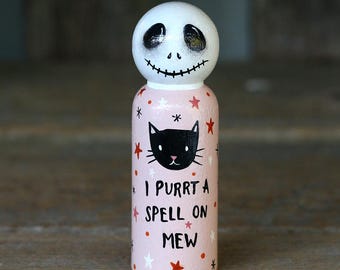 Halloween Peg Doll, Spooky Cute Skeleton with Black Cat Hand Painted Art Doll