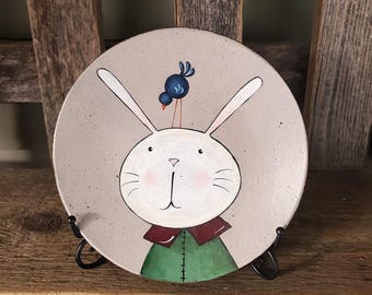 Spring Bunny with Bluebird Decorative Hand Painted Plate, Primitive Easter Decor