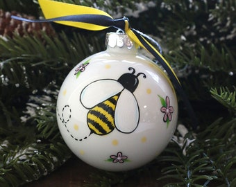 Bee Ornament, Personalized Christmas Ornament, Custom Painted Glass Ornament, Country Style Painted Art Gift