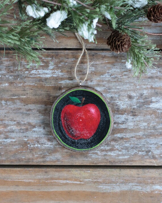 Personalized Red Apple Ornament Hand Painted Wood Slice Etsy