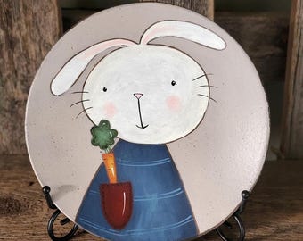 Spring Bunny with Carrot Decorative Hand Painted Plate, Primitive Easter Decor