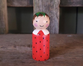 Strawberry Peg Doll, Hand Painted Waldorf Style Decor
