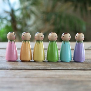 Rainbow Peg Doll Set, Pastel Rainbow Decor, Gift for Girls