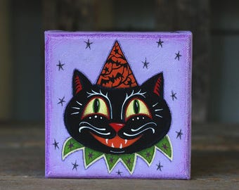 Halloween Folk Art Painting, Retro Black Cat in Vintage Party Hat, Hand Painted Original
