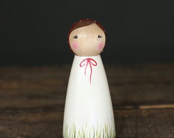 Mushroom Girl Peg Doll, Hand Painted Woodland Figurine