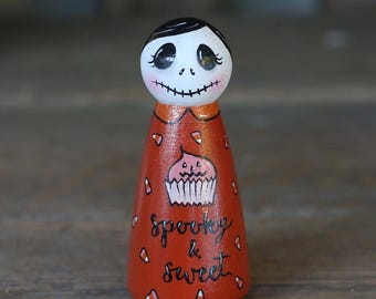 Halloween Peg Doll, Spooky Cute Skeleton Girl Hand Painted Art Doll