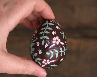 Hand Painted Egg, Mauve & Sage Flowers - Paper Mache Easter Egg Decor