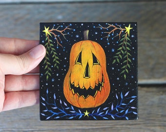 Halloween Folk Art Painting, Tall Jack o'Lantern with Starry Night Sky Canvas Panel, Hand Painted Original