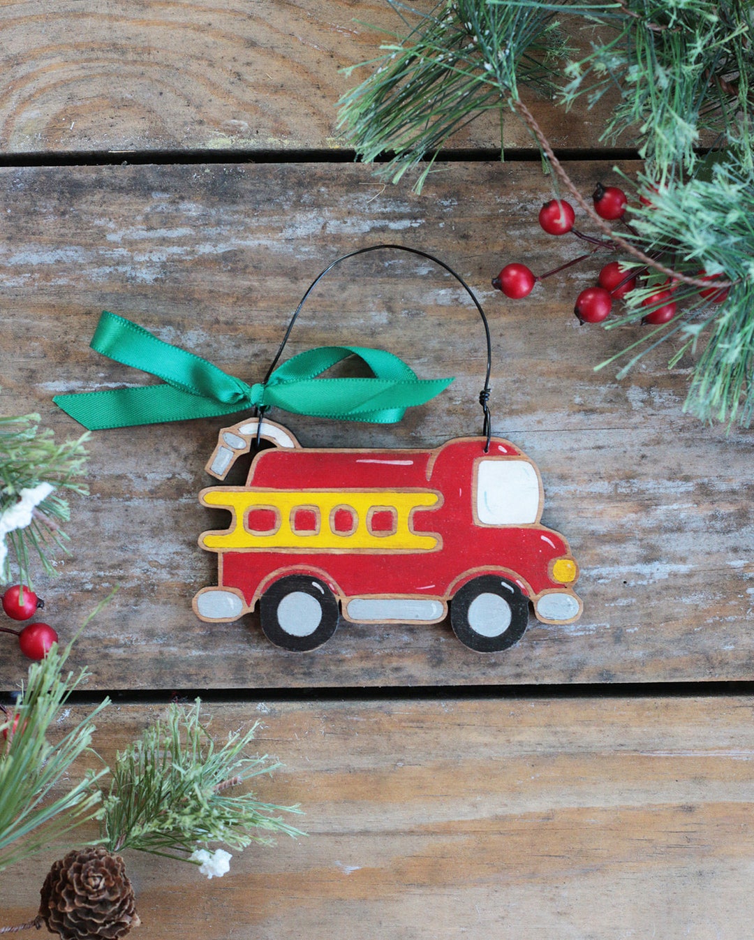 Personalized Fire Truck Ornament, Fire Fighter Ornament, Hand Painted ...