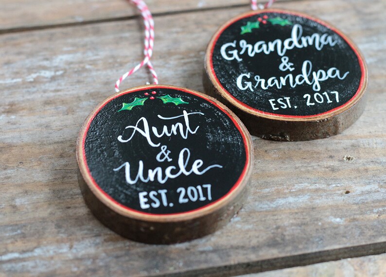 Personalized Aunt & Uncle Ornament Pregnancy Announcement Gift Hand Painted Wood Slice Ornament image 5