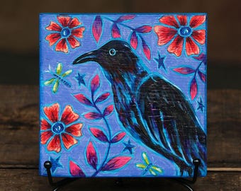 Raven with Folk Art Flowers Painting on Wood, Hand Painted Original Art