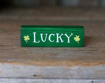 Lucky Shelf Sitter Sign with Shamrocks, St. Patrick's Day Decor, Tiered Tray Sign