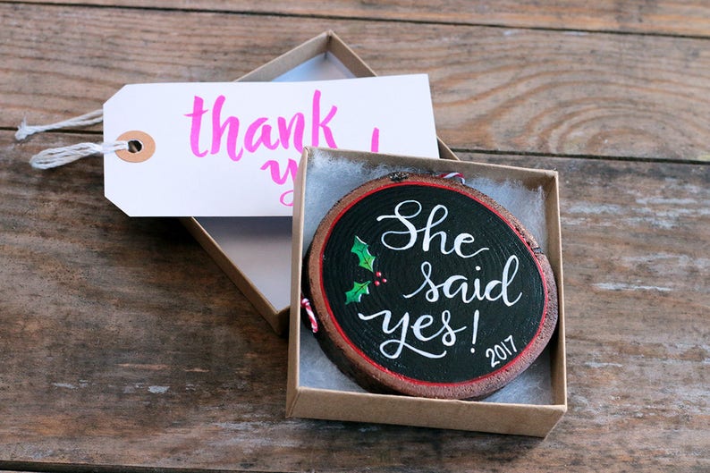 Hand Painted Christmas Ornament She Said Yes Ornament Personalized Engagement Ornament