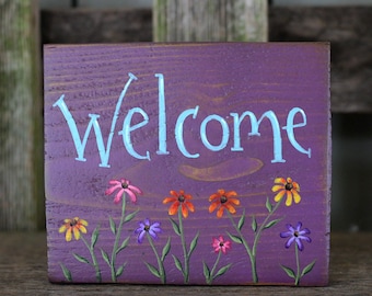 Welcome Sign with Flowers, Colorful Hand Painted Porch or Front Door Decor