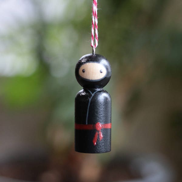 Ninja Peg Doll, Ninja Ornament, Ornaments for Kids, Ninja Cake Topper, Hand painted doll, Ninja Stocking Stuffer, Black Ninja Figurine