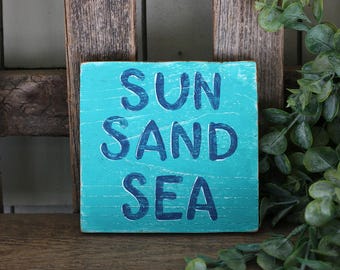 Sun Sand Sea Sign, Rustic Beach Wall Decor, Hand Painted Tiered Tray Sign