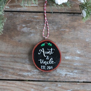 Personalized Aunt & Uncle Ornament Pregnancy Announcement Gift Hand Painted Wood Slice Ornament image 4