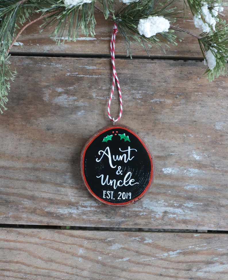 Personalized Aunt & Uncle Ornament Pregnancy Announcement Gift Hand Painted Wood Slice Ornament image 4