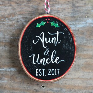 Personalized Aunt & Uncle Ornament Pregnancy Announcement Gift Hand Painted Wood Slice Ornament image 2