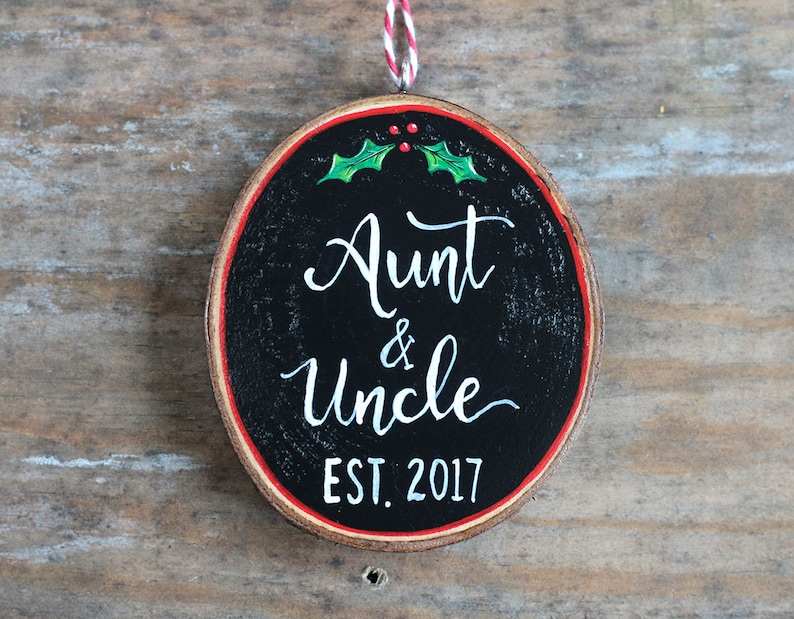 Personalized Aunt & Uncle Ornament Pregnancy Announcement Gift Hand Painted Wood Slice Ornament image 2