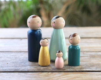 Custom Peg Doll Family | Simple Colorful Doll Family Wood Toy Set | Modern Wood Toy