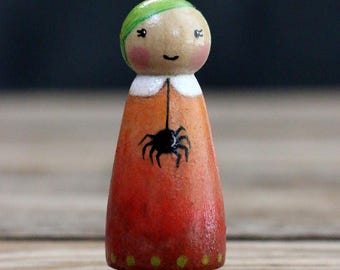 Hand-Painted Halloween Girl Peg Doll with Spider, Original Folk Art Figurine
