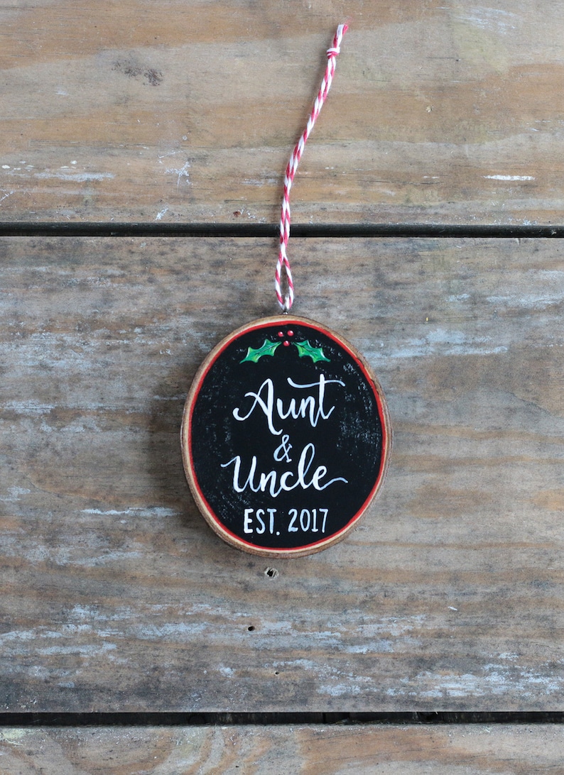 Personalized Aunt & Uncle Ornament Pregnancy Announcement Gift Hand Painted Wood Slice Ornament image 10