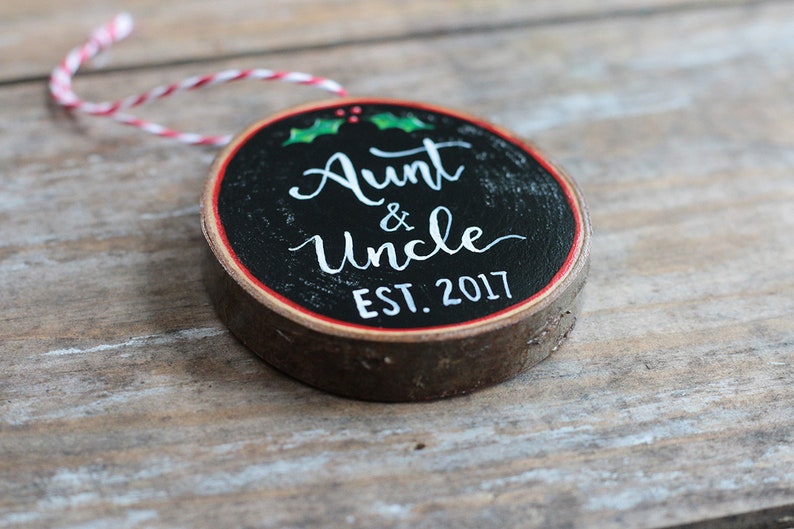 Personalized Aunt & Uncle Ornament Pregnancy Announcement Gift Hand Painted Wood Slice Ornament image 3