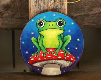 Frog on Toadstool Ornament, Hand Painted Original Art