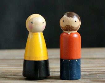 Custom Peg Doll Couple, Simple Colorful Doll Couple Wood Figurine Set, Anniversary Gift, Modern Wood Toy