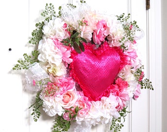 Valentine’s Day Plush Heart Wreath, Valentine’s Day Plush Heart Flower Wreath, Valentine’s Day Floral Wreath