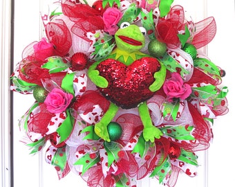 Valentine’s Day Frog Heart Wreath, Valentine’s Day Heart Wreath, Valentines Day Character Wreath