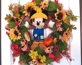 Mickey Scarecrow Wreath, Mickey Scarecrow Decor, Autumn Mickey Scarecrow Wreath, Harvest Mickey Scarecrow