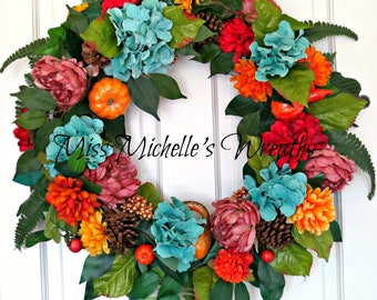 Multicolor Thanksgiving Floral Wreath, Multicolor Floral Grapevine Wreath, Vibrant Floral Autumn Door Wreath