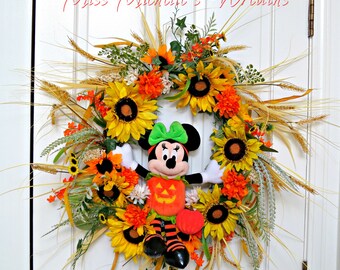 Minnie Halloween Pumpkin Floral Wreath, Pumpkin Minnie Mouse Wreath, Pumpkin Minnie Wreath