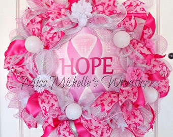 Breast Cancer Wreath Hope Sign, Cancer Hope Sign Wreath, Breast Cancer Awareness Pink and White Deco Mesh Wreath