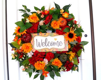 Autumn Floral Welcome Wreath, Fall Floral Welcome Wreath, Welcome Wooden Sign Wreath
